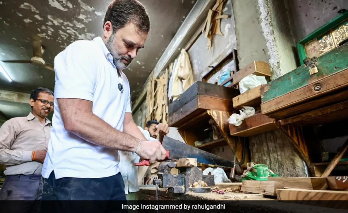 Rahul Gandhi visits Delhis furniture market tries hands at carpentry