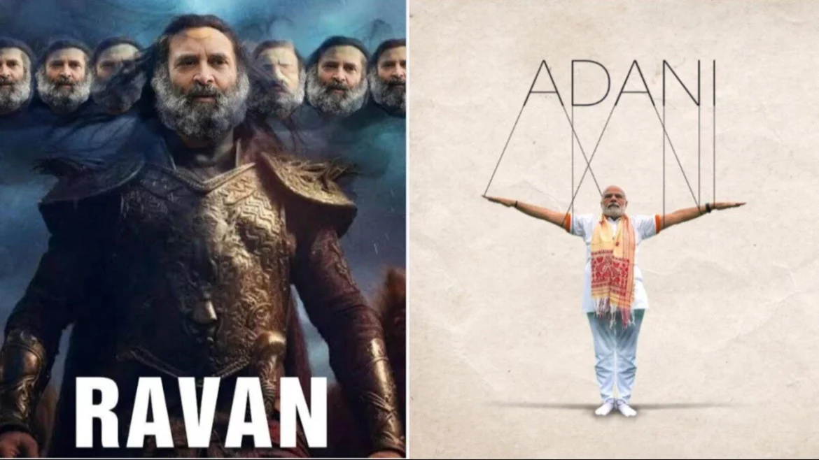 In poster war PM Modi depicted as Adani puppet Cong protests against BJP