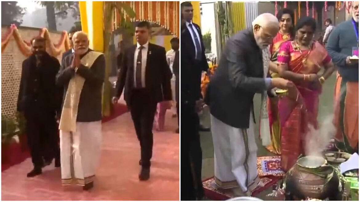 pm modi attends pongal celebrations at the residence of mos l murugan in delhi